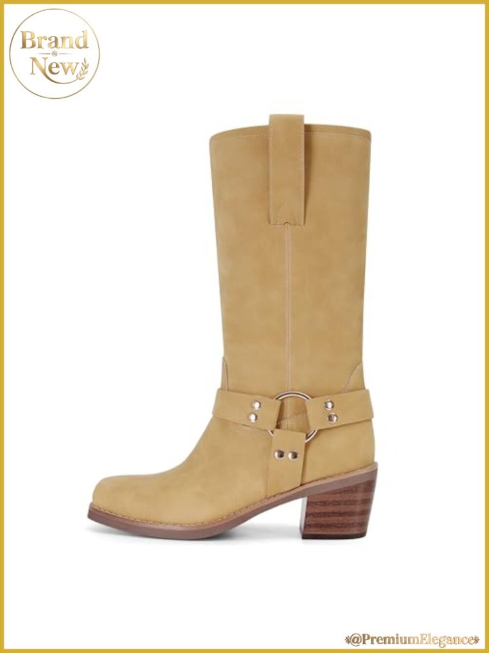 Women's Square Toe Mid Calf Biker Riding Boots Chunky Block Heel Buckle Studs